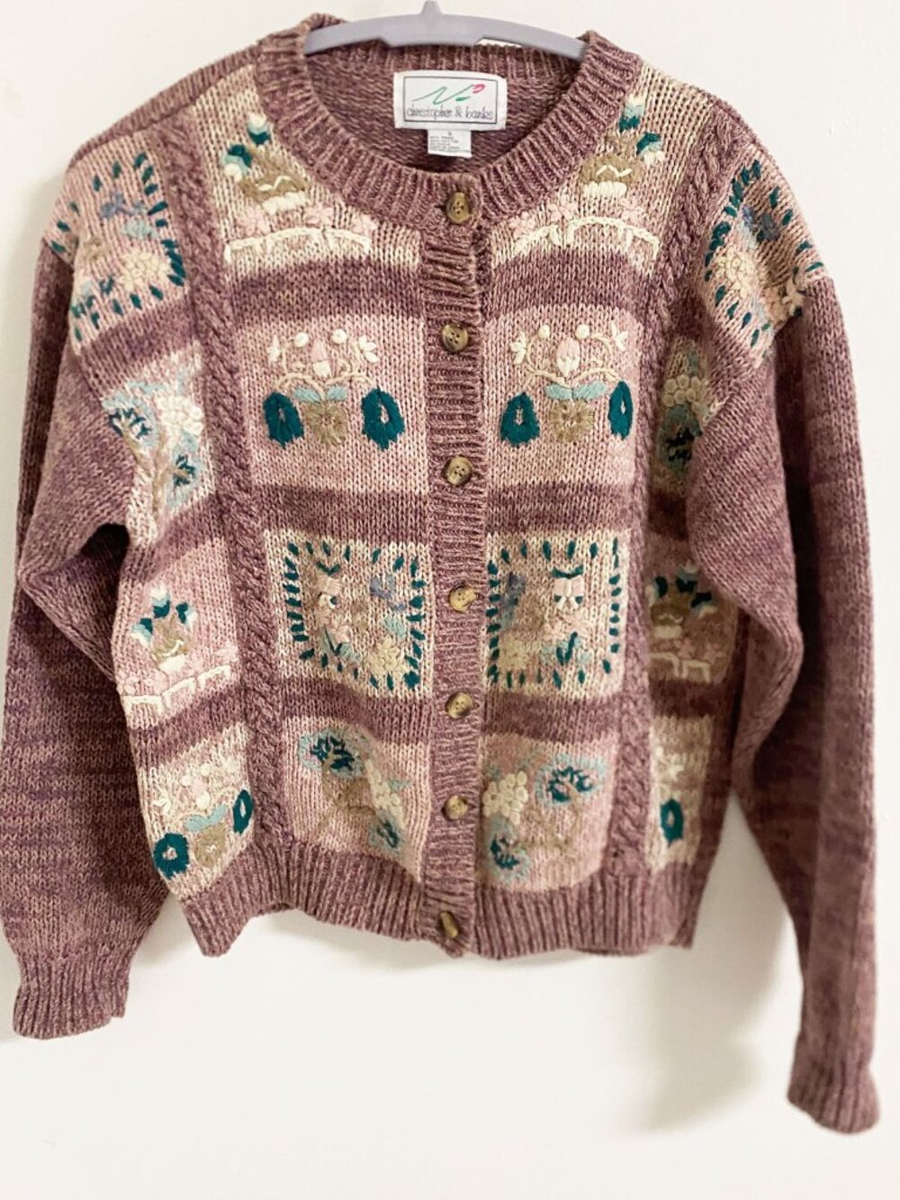 VTG Christopher Banks Colorblock Embroidered Beaded Button Cardigan RAMIE COTTON